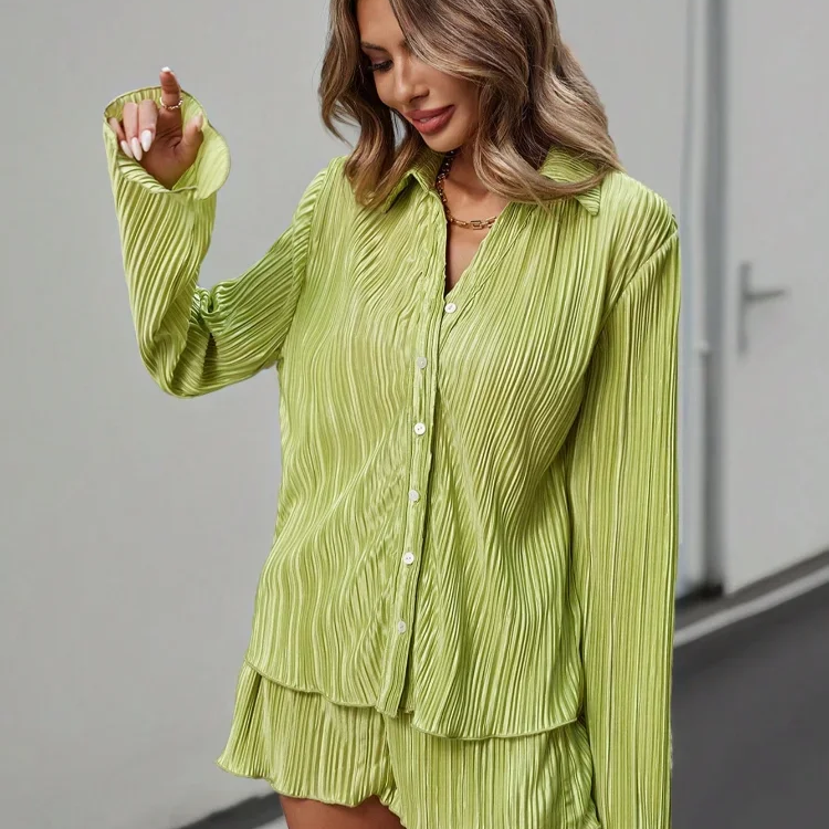 Causal Green Pleat Lapel Women Shorts Suits Fashion Long Sleeve Single Breasted Shirts 2 Piece Sets Female Summer Street Outfits
