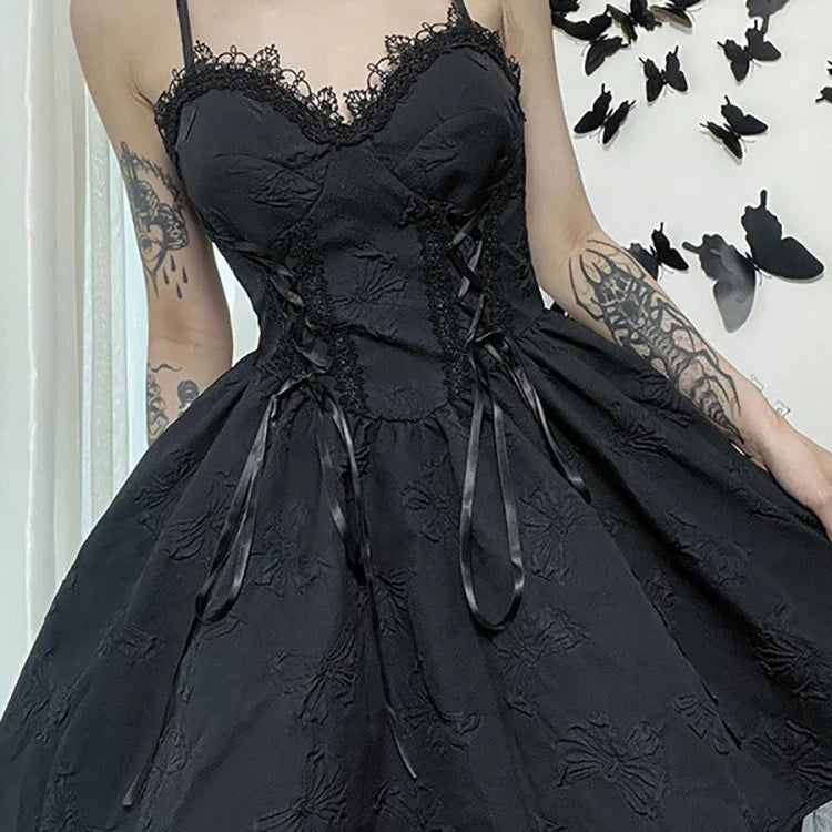 Goth Dark Tie Up Mall Gothic Elegant Women Dresses Grunge Aesthetic Jacquard A-Line Dress Emo Lace Trim Black Party Alt Clothes