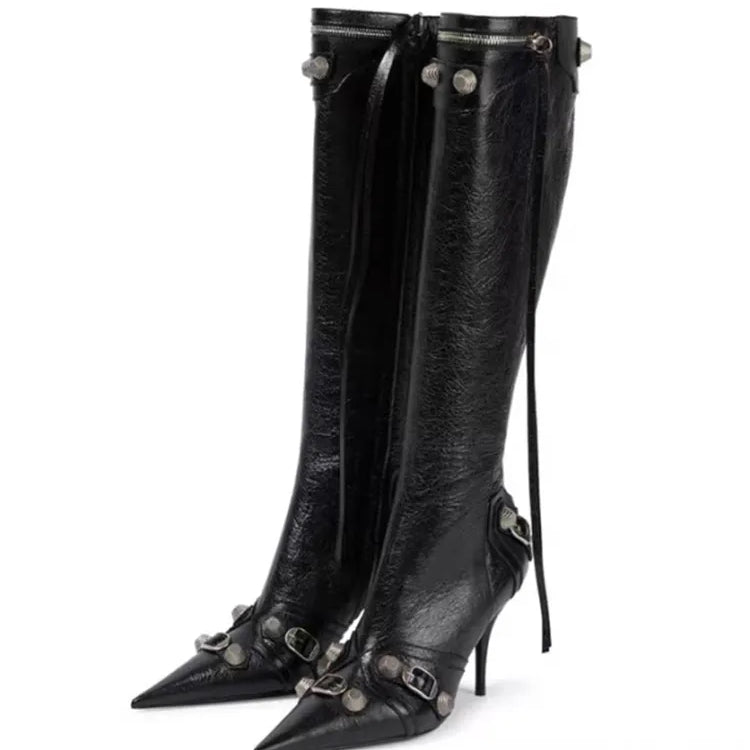 Paris Station Fashion Women's Boots Denim Pointed High Heel Boots Sexy Rivet Boots Show Party Over Knee 46 Large Boots black