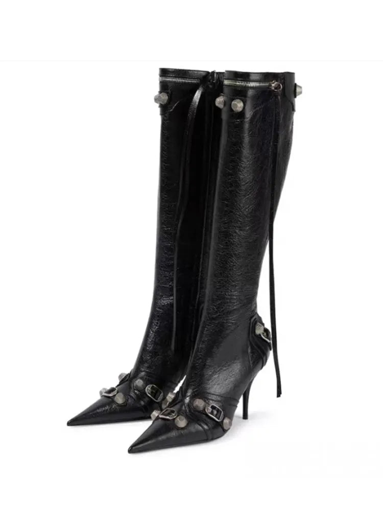 Paris Station Fashion Women's Boots Denim Pointed High Heel Boots Sexy Rivet Boots Show Party Over Knee 46 Large Boots black