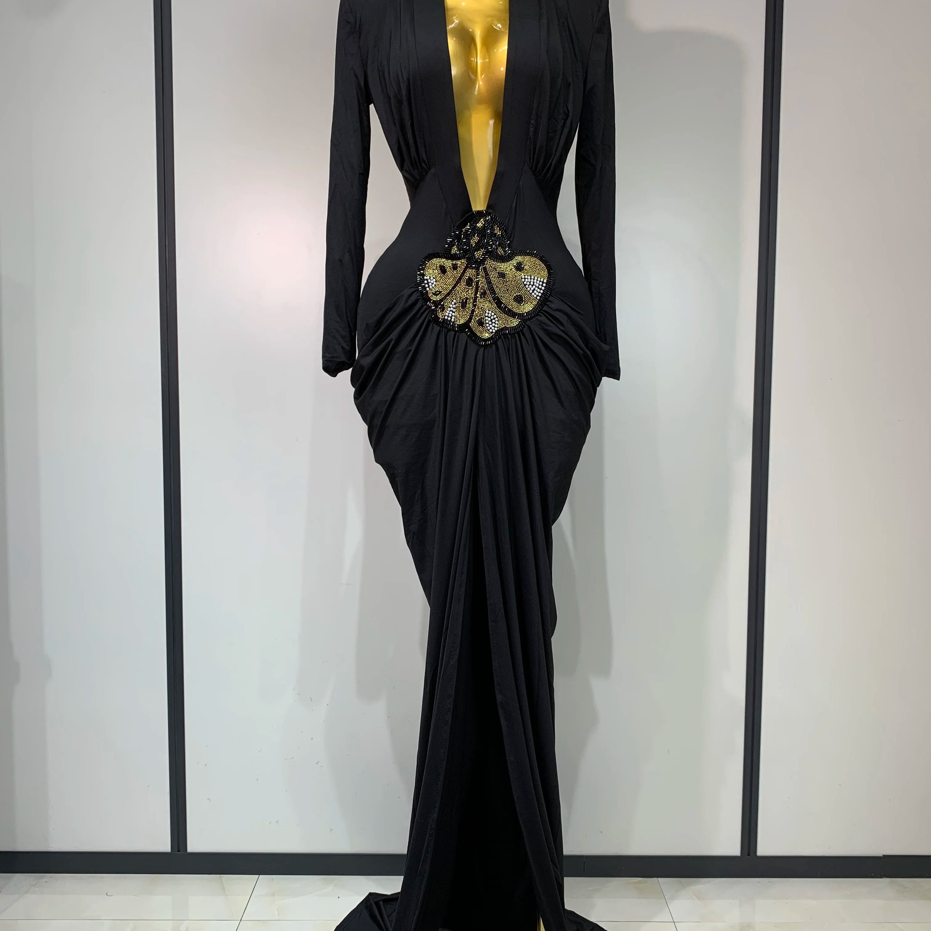 Women Sexy Deep V-Neck Bead Long Sleeved Bodycon Prom Gowns Elegant Celebrity Evening Maxi Dress Luxury Birthday Dress Wedding