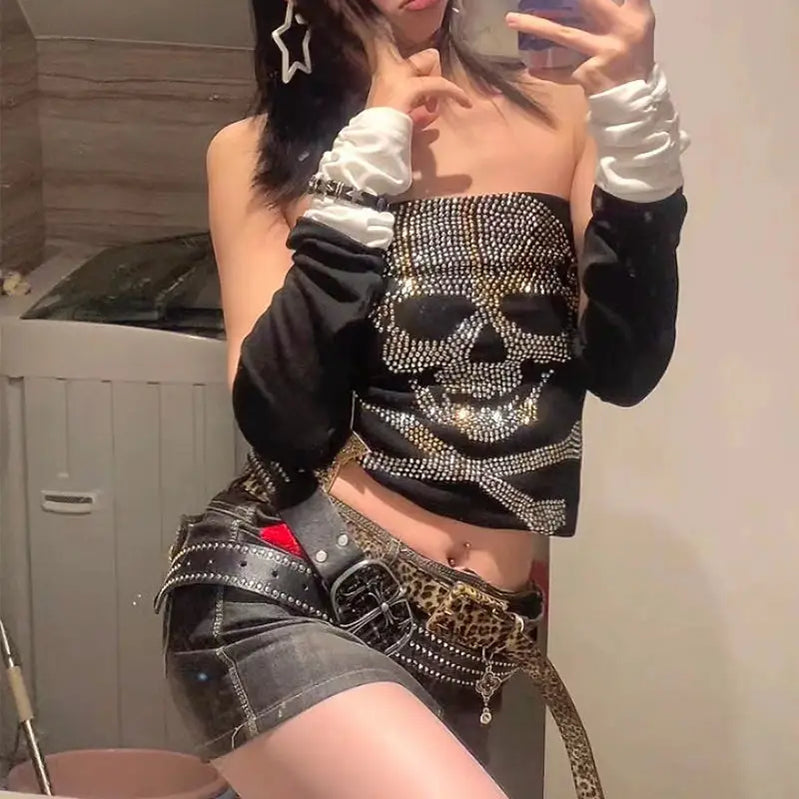 Punk Women's Tube Top Rhinestones Skull Y2k Sexy Sleeveless Vests Slim Fit Corset Top Harajuku Summer Clothes Coquette Bustier