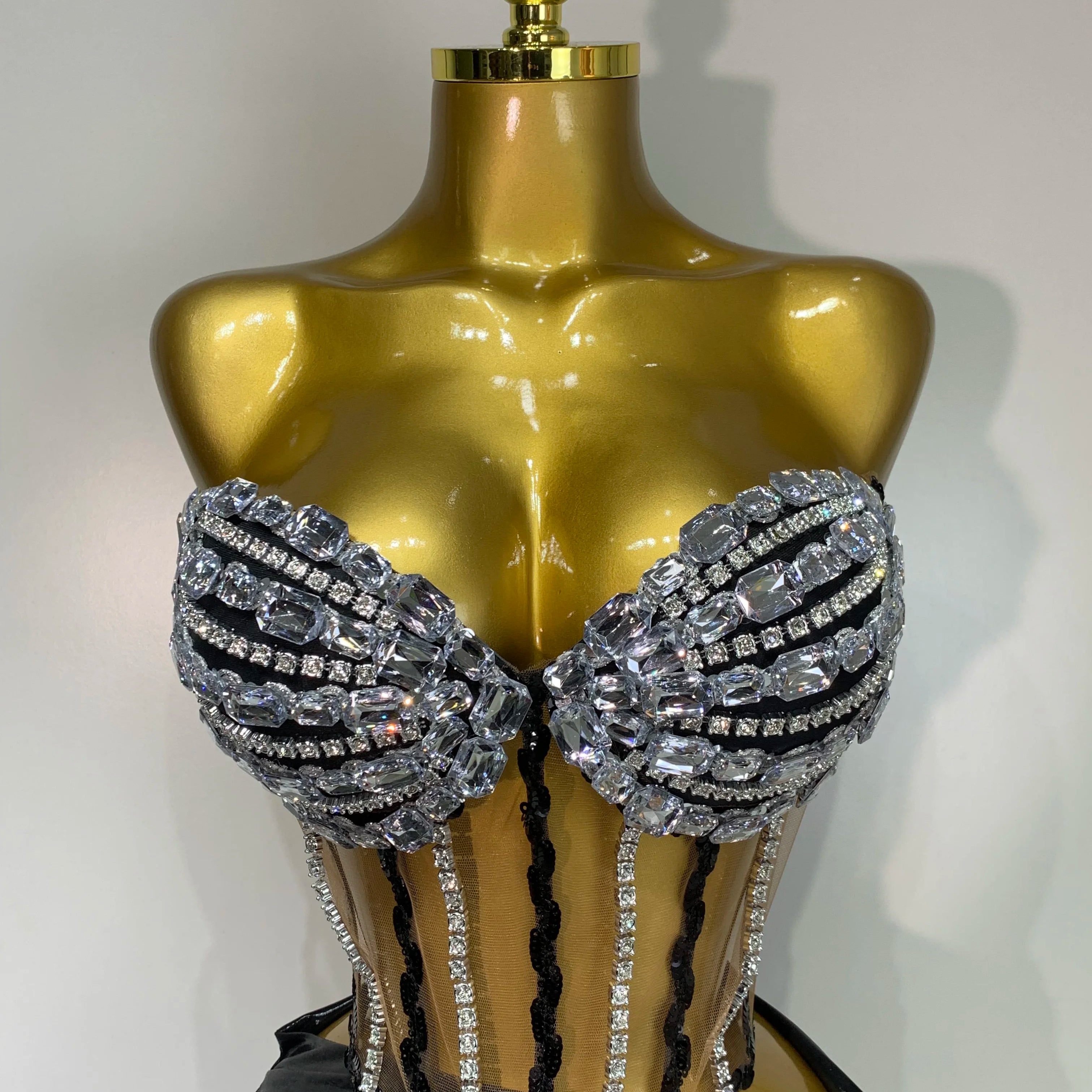 Sexy Two Pieces Top Skirt Sets Sparkly Diamonds See Through Stage Outfit Designer Performance Party Nightclub Birthday Dress