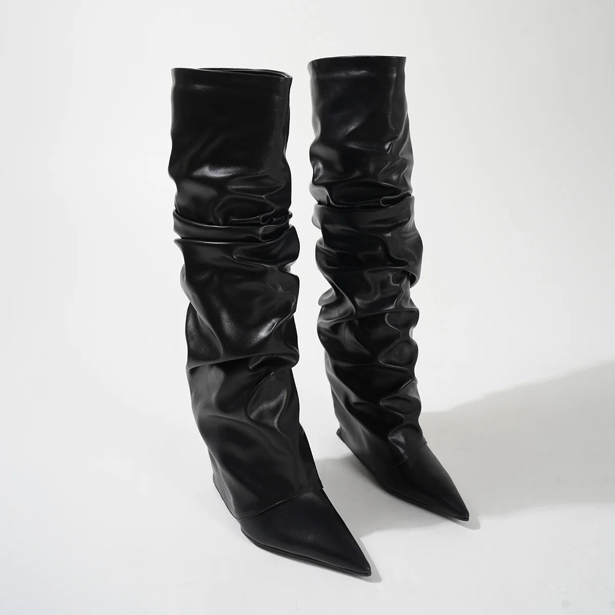 Pleated Black Leather Women's Knee High Boots Sexy Slip On Wedges Shoes Party Ladies Pointed Toe Women High Knee Botas Femininas