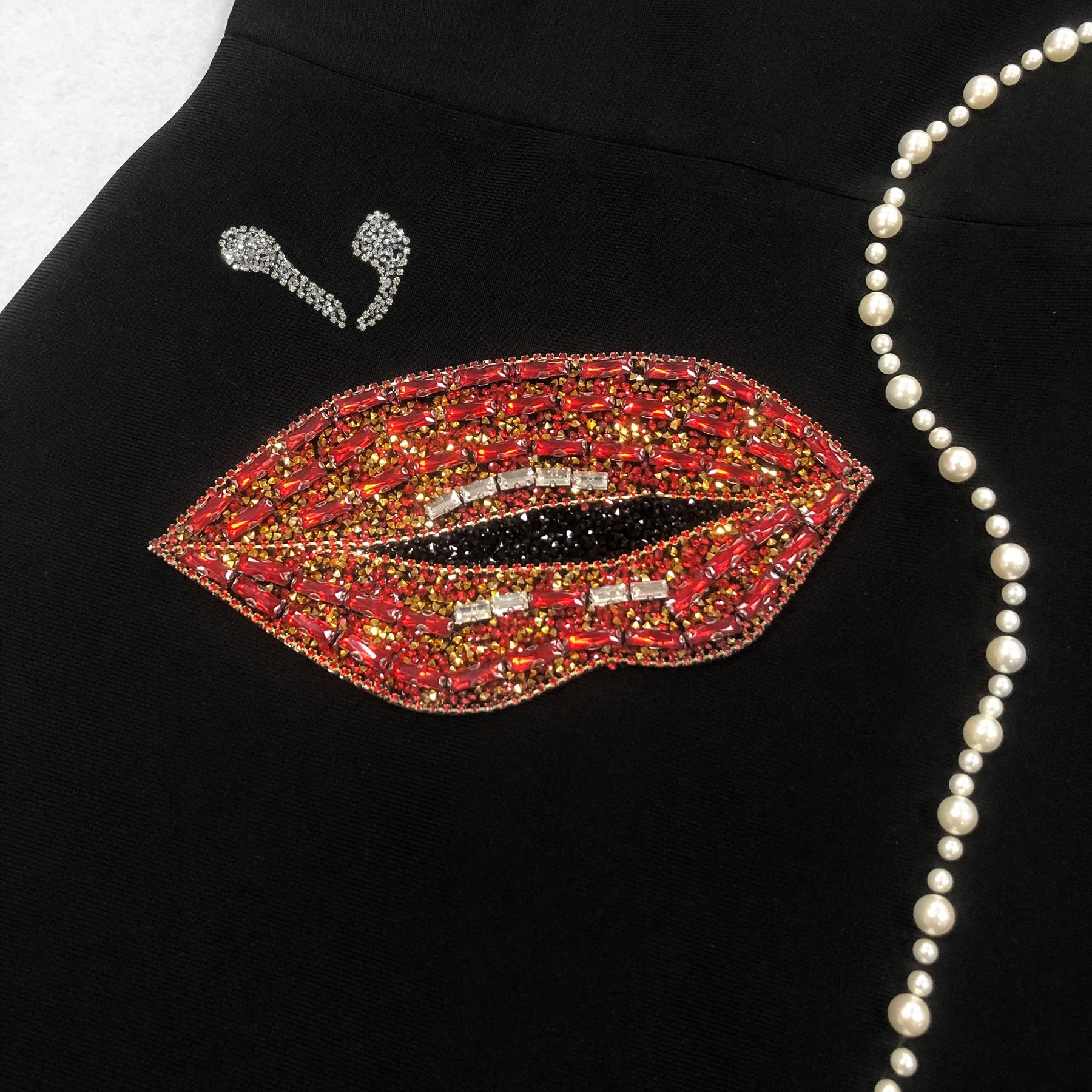 Big Eyes And Red Lips Patterned Diamonds High Slit Black Long Dress Woman Birthday Party Vestido  Celebrity Party Outfit