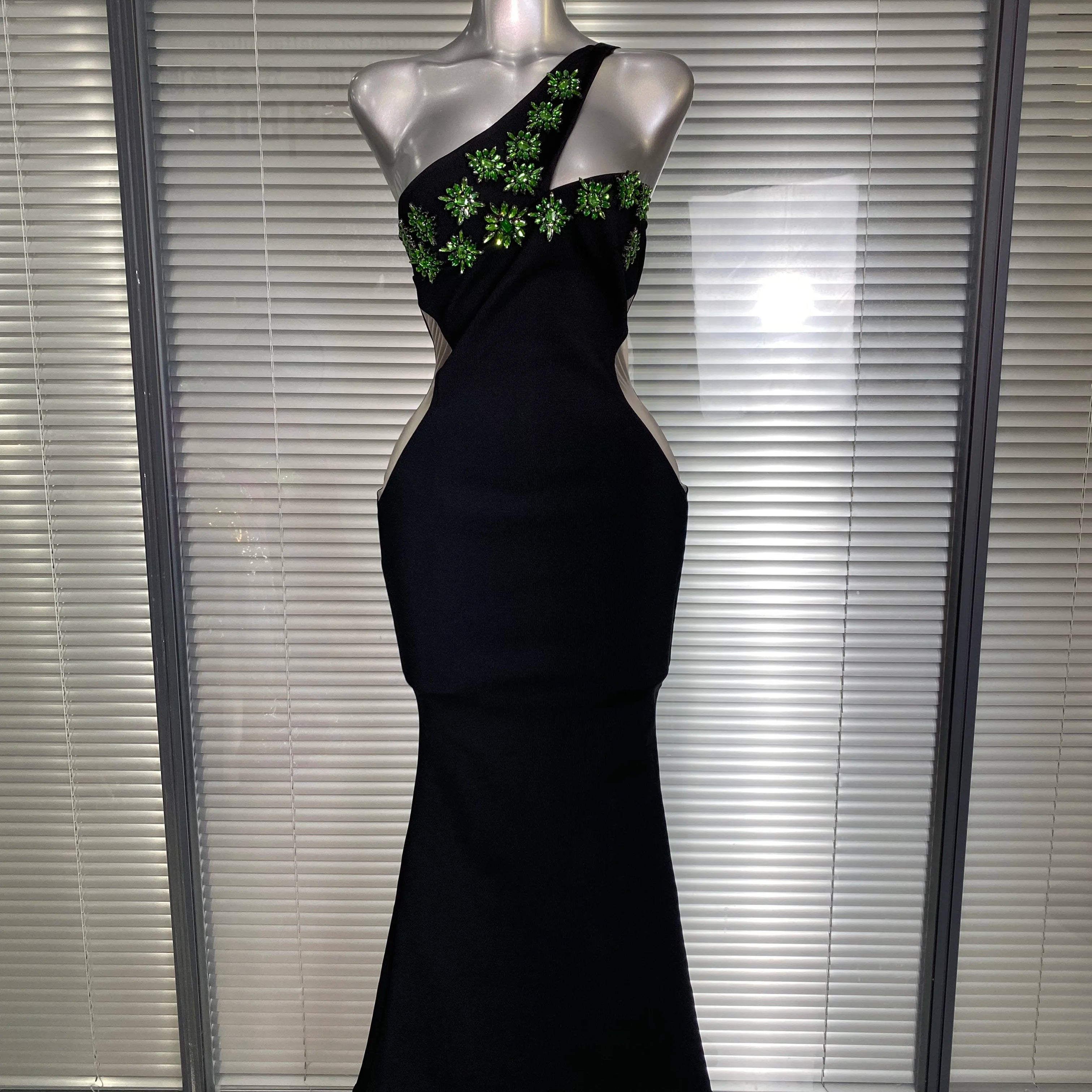 Summer New 2025 Women Black One Shoulder Long Bodycon Bandage Dress Green Flower Crystal Evening Party Dress Vestido