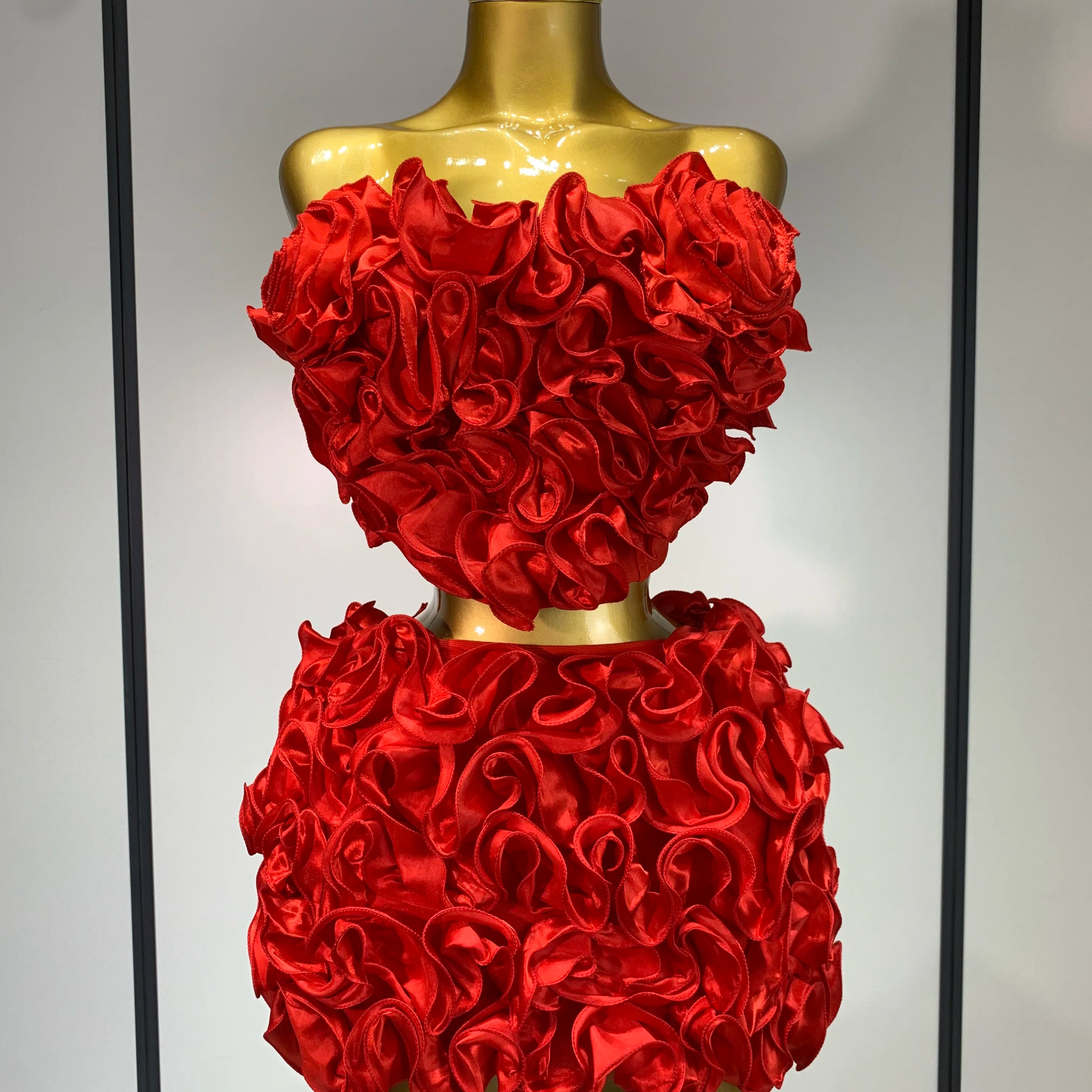 Women Sexy Strapless Red flower Top With Mini Skirt Bodycon Bandage Suit Celebrity Party Cocktail Birthday Two Pieces Set
