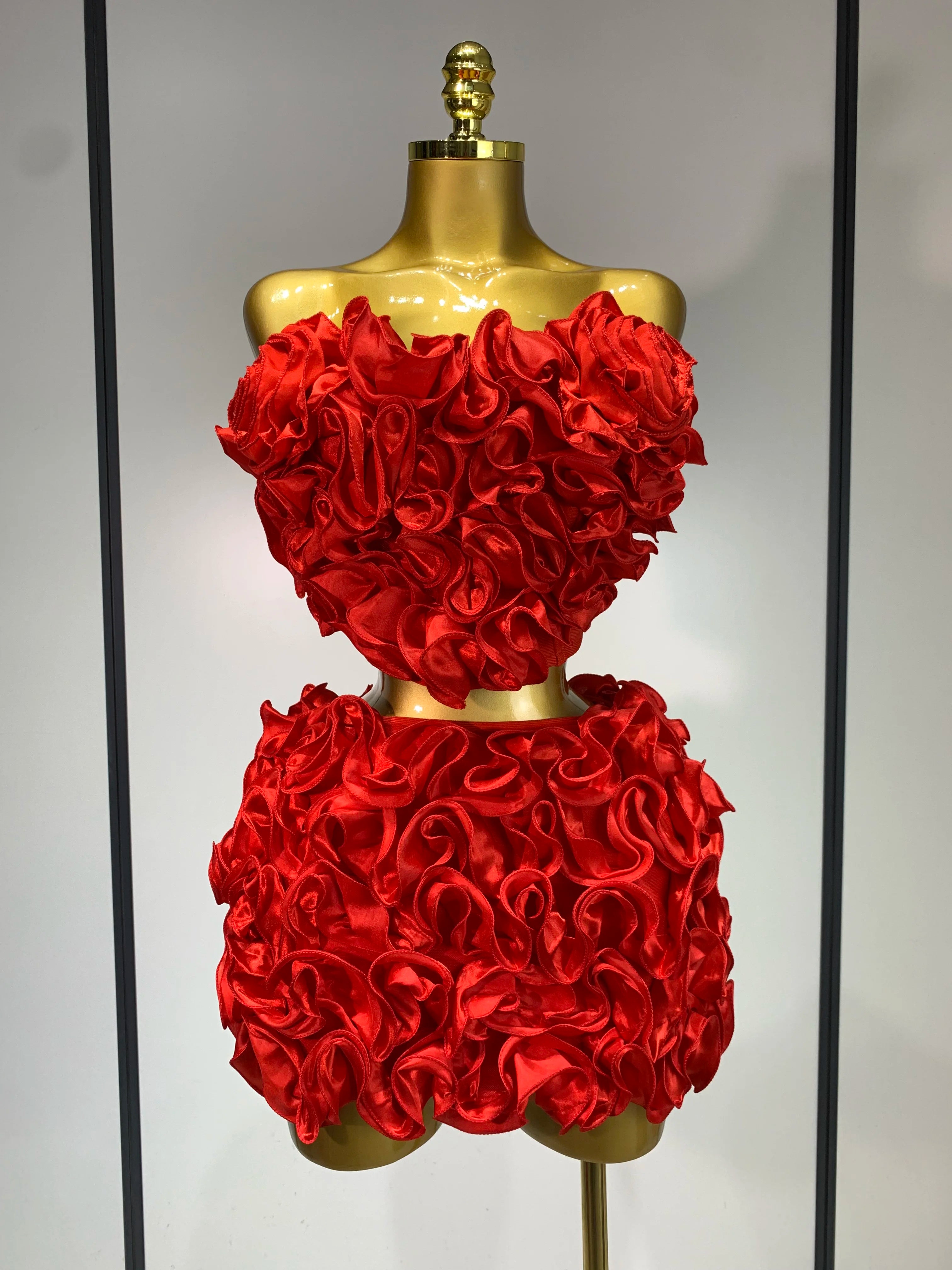 Women Sexy Strapless Red flower Top With Mini Skirt Bodycon Bandage Suit Celebrity Party Cocktail Birthday Two Pieces Set