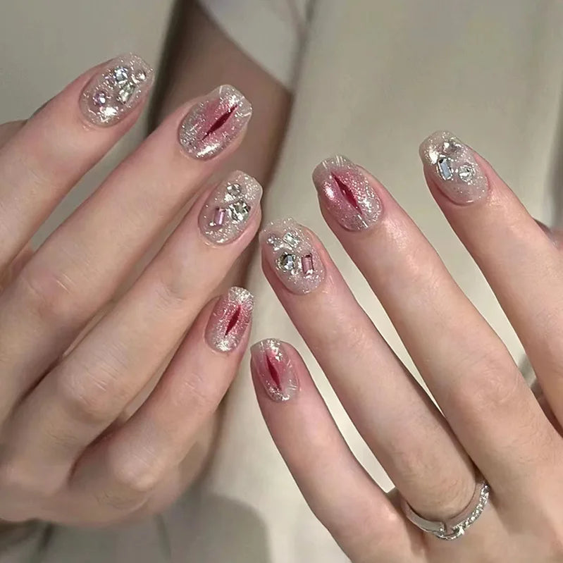 24pcs/set short medium fake nails shinny sparkling glitter square ballet nail tips starry star cat eyes press on false nail art