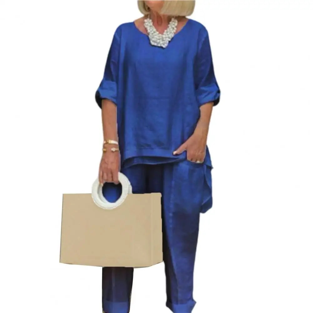 Women Casual Two Pieces Set Summer Fashion Half Sleeve O-Neck Loose Suit Female Vintage Pocket Top Long Pants Solid Outfit Dark Blue