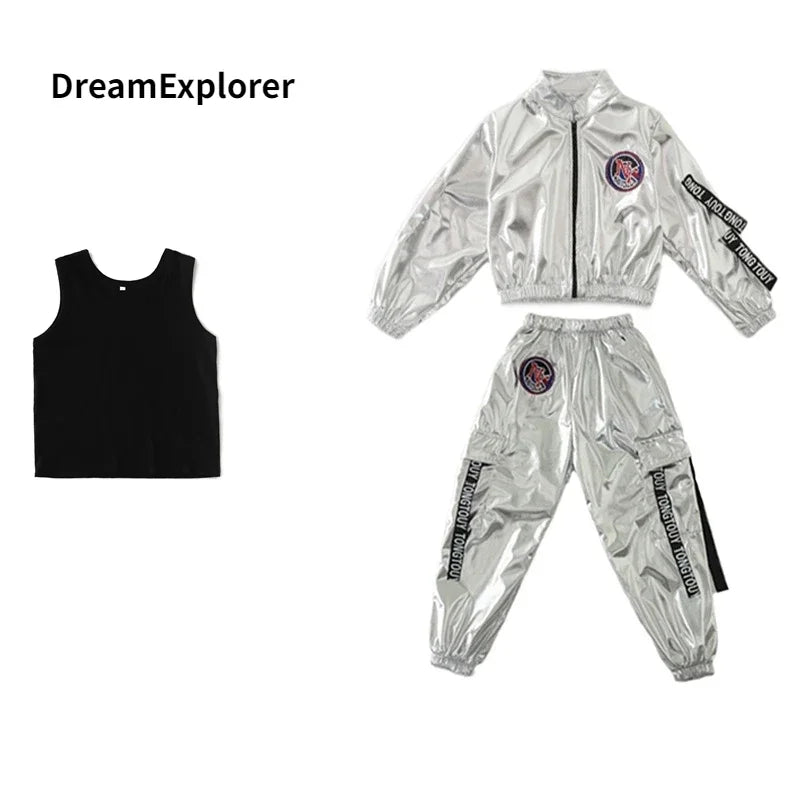 Hip Hop Boys Silver Jacket Girls Jazz Jogger Pants Street Dance Mini Skirt Clothes Sets Kids Sequin Costumes Child Streetwear Boy 3 Pcs Sets