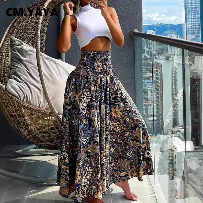CM.YAYA Women Fashion Bandanna Paisley Big Swing High Waist Maxi Skirt Streetwear 2024 Boho Vintage Casual Long Skirts