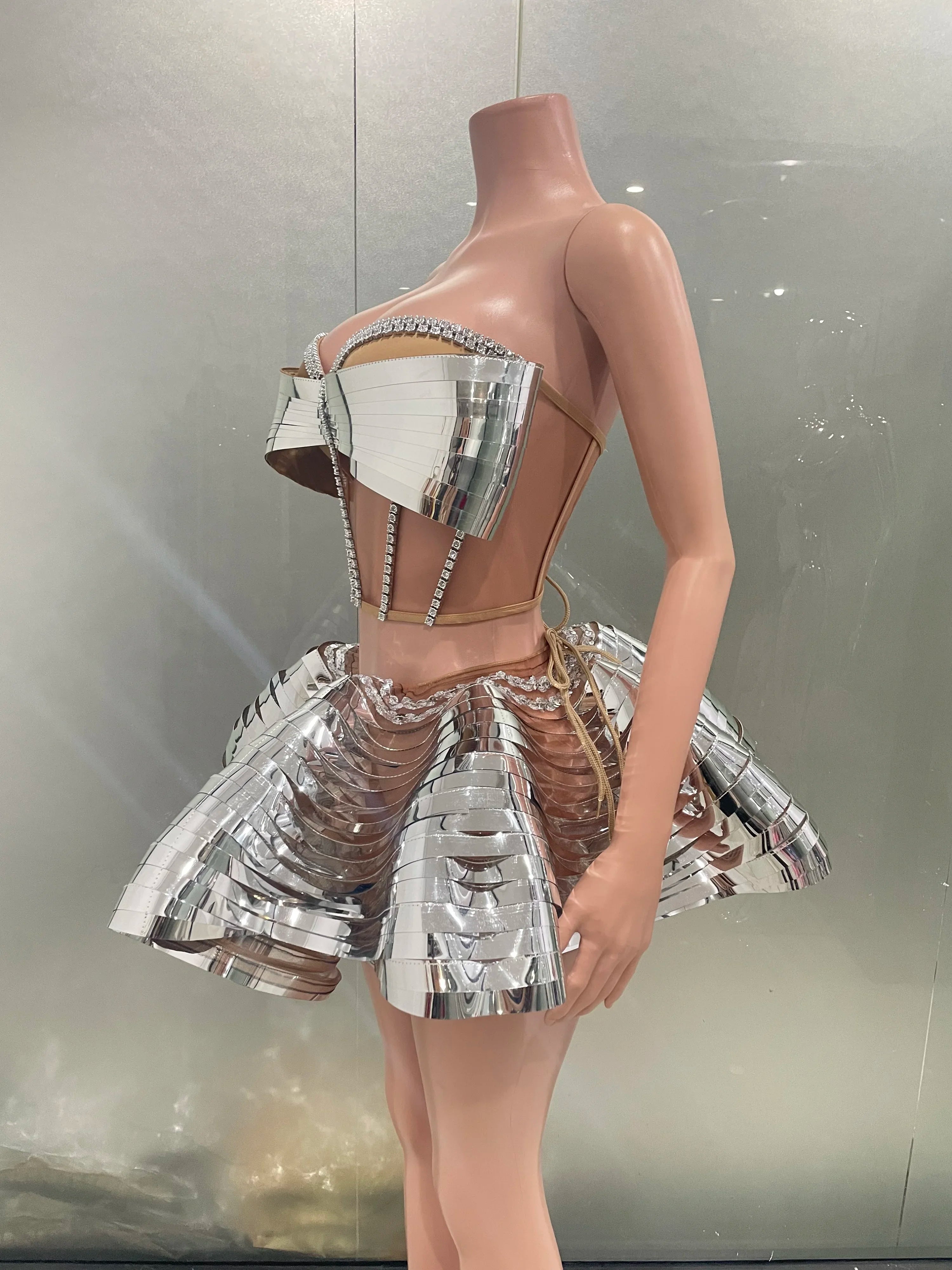 Mirror Surface Woman Party Set Stereoscopic Bows Strapless Tops And UFO Mini Skirt 2 Pieces Party Outfit Performance costume