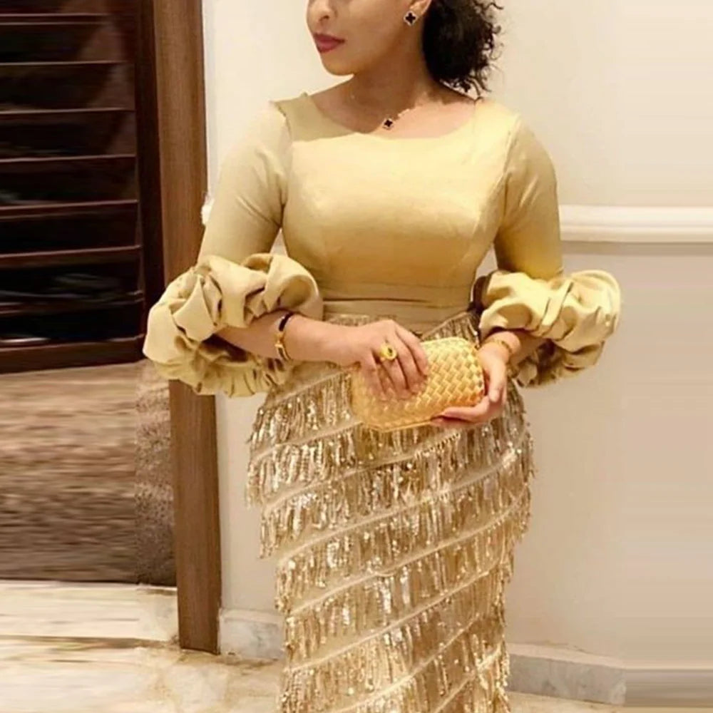 Women's Dresses Round Neck Lantern Long Sleeve Tassel Slim Gold Dress Autumn Ladies Elegant Party Evening Clothes