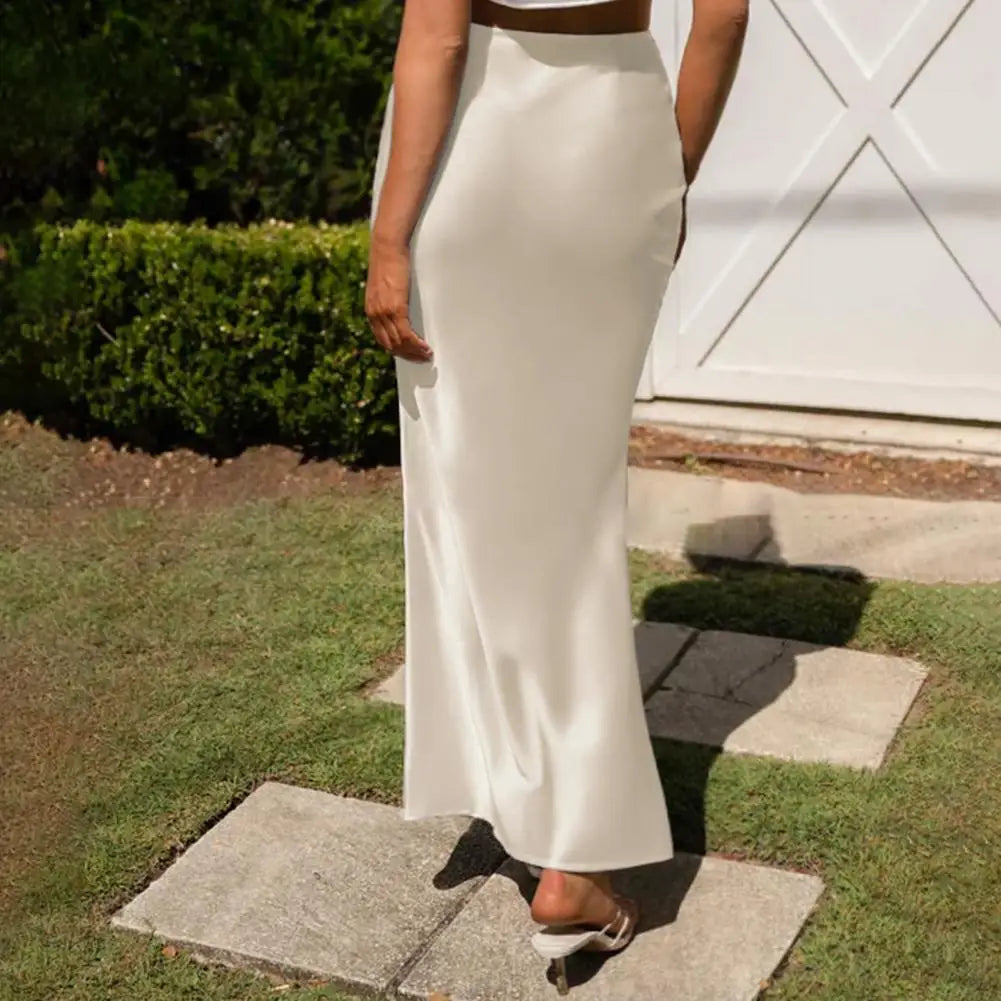 Faux Silk Satin Women Skirt Elegant High Waist A-Line Fishtail Skirt Glossy Office Lady Flared Hem Maxi Skirt Printed Skirts