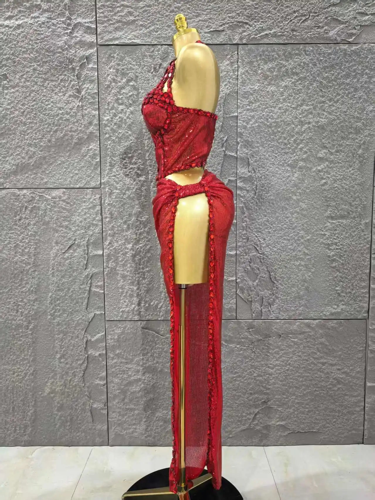 Red Color Women Sexy Off the Shoulder Shinning Crystal 2 Pieces Bodycon Long Dress Celebrate Birthday Party Nigtclub Outfit