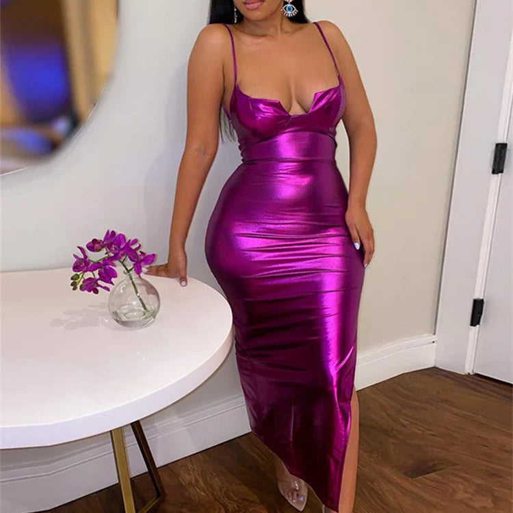 JuSaHy Midnight Club Purple Maxi Dress for Women Fashion Neon Y2K Sexy Backless Strap Skinny Slim Party Outfits Summer Trend