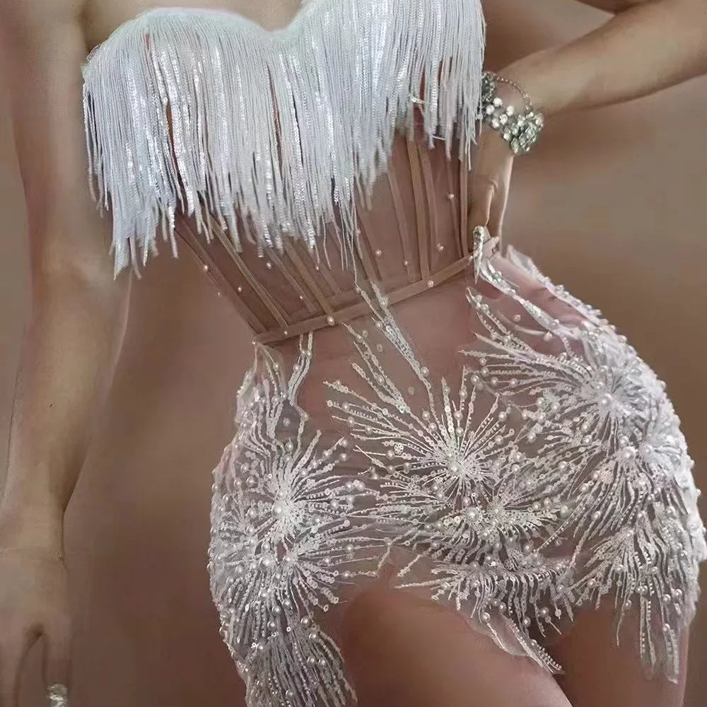 STOCK Women Sexy Off the Shoulder Shinning Sequins Tassels Bodycon Mini Dress 2 Pieces Celebrate Nightclub Performance Costume