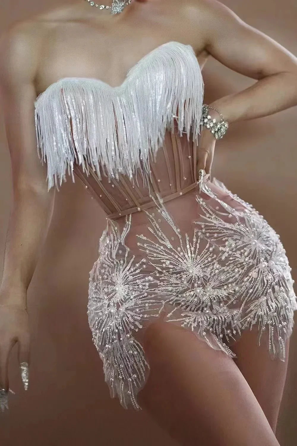 STOCK Women Sexy Off the Shoulder Shinning Sequins Tassels Bodycon Mini Dress 2 Pieces Celebrate Nightclub Performance Costume