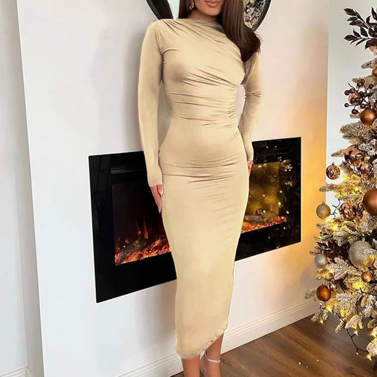 Weird Puss Elegant Temperament Women Maxi Dress Full Sleeve O Neck Zipper Solid Autumn Fashion Bodycon Evening Party Vestidos Khaki