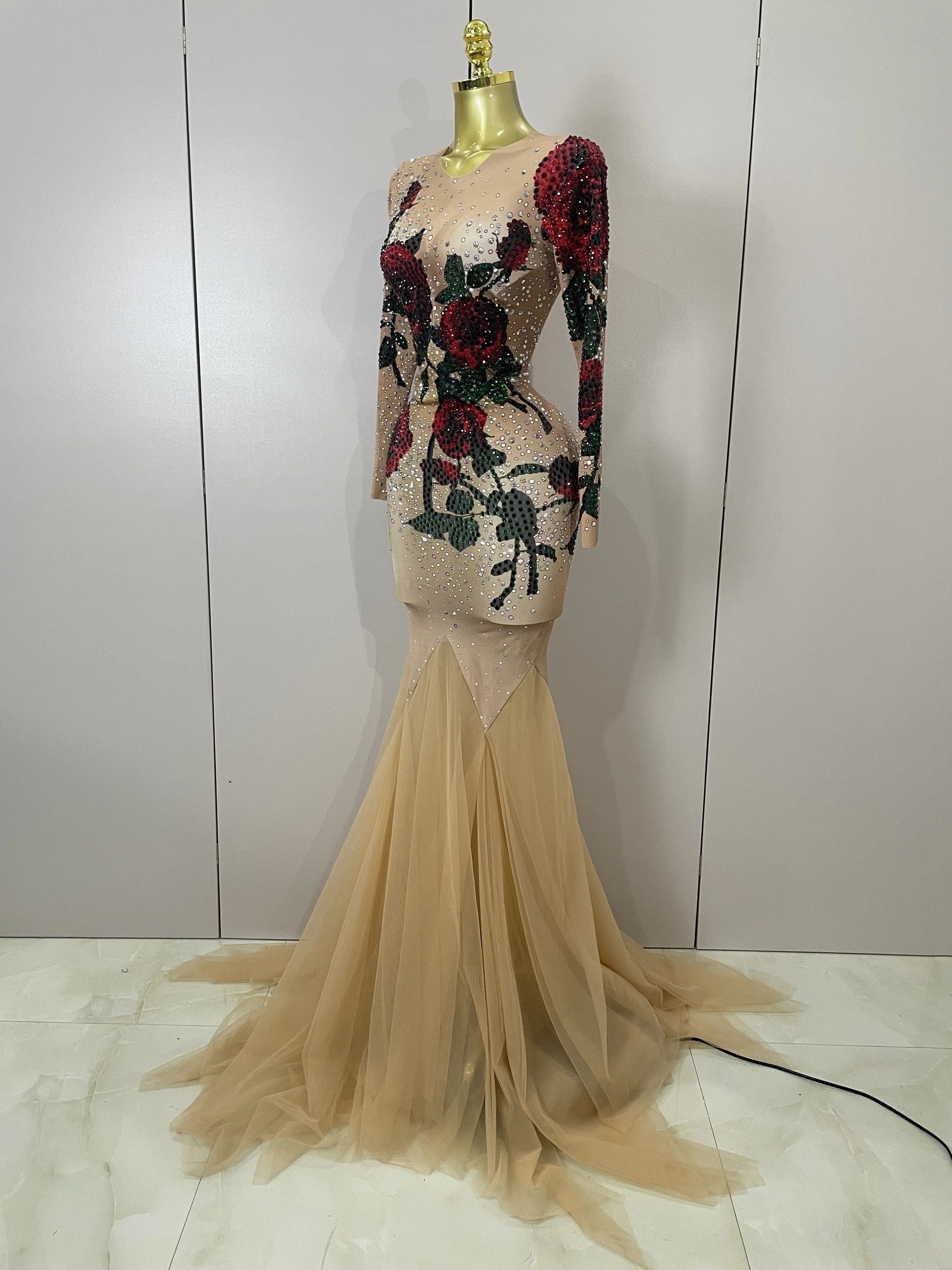 Vestido longo sensual com strass brilhante, floral, rosa, para noite, feminino, comemoração de aniversário, festa, boate, traje de apresentação