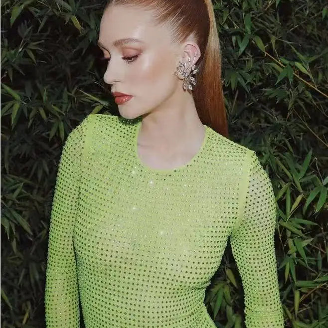 2023 New Arrival Long Sleeve Diamond Mesh See Through Sexy Bodycon Long Dress Celebrity Nightclub Party Dress Vestido