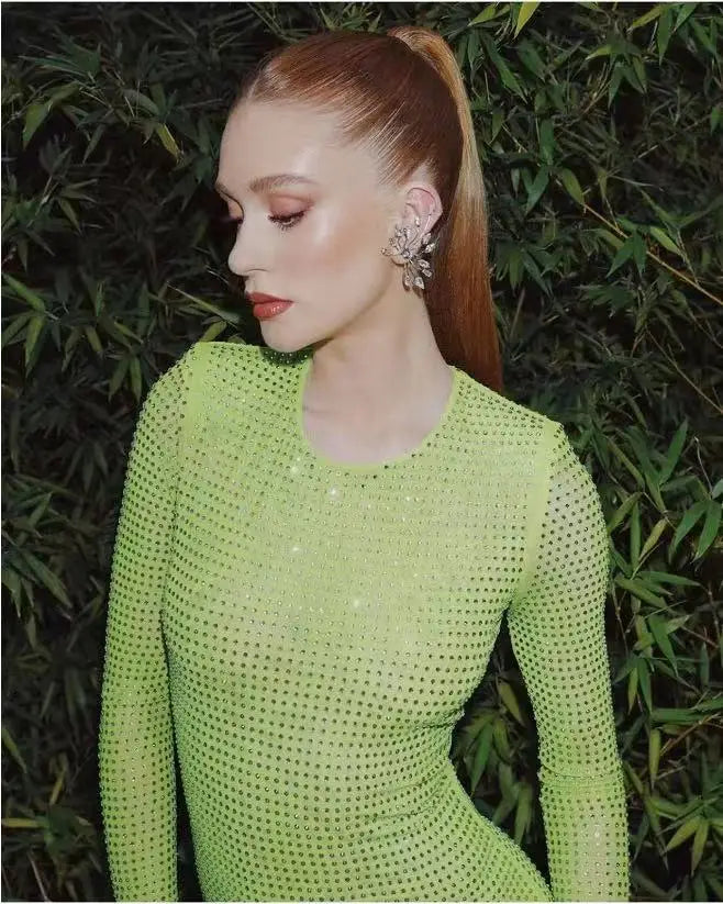 2023 New Arrival Long Sleeve Diamond Mesh See Through Sexy Bodycon Long Dress Celebrity Nightclub Party Dress Vestido