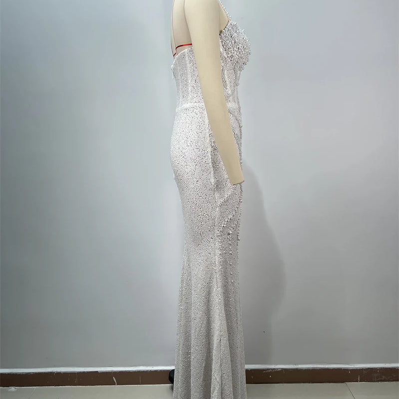 2025 New Pink Sequins Sexy High Slit Strapless  Long Dress Graceful Woman Wedding Party Dress Red Carpet Goddess Vestido