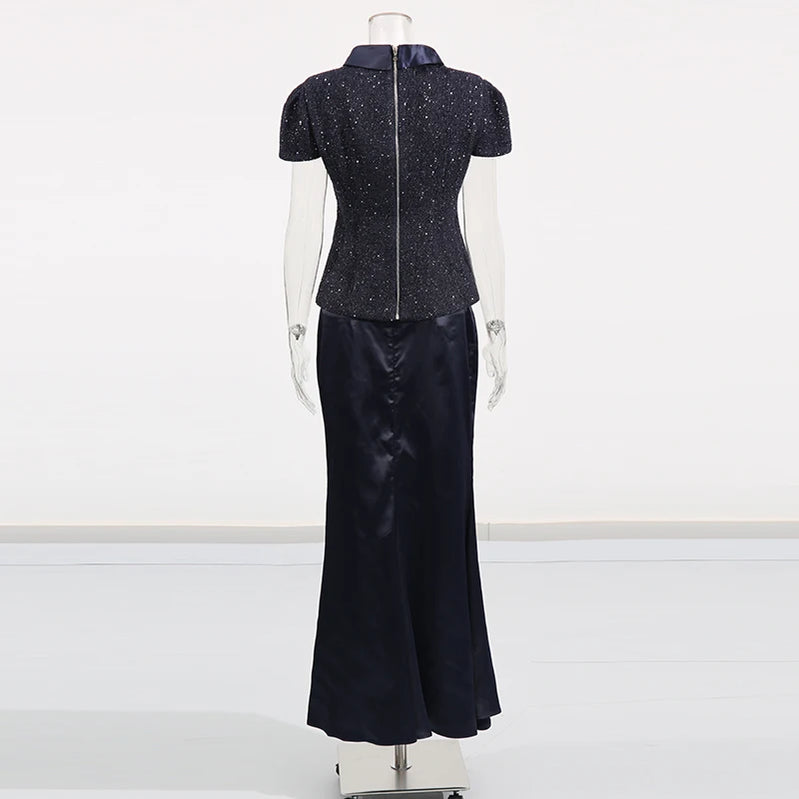 TWOTWINSTYLE Solid Slimming Two Piece Sets for Women Round Neck Short Sleeves Spliced Button Top High Waist Skirt Set Female New