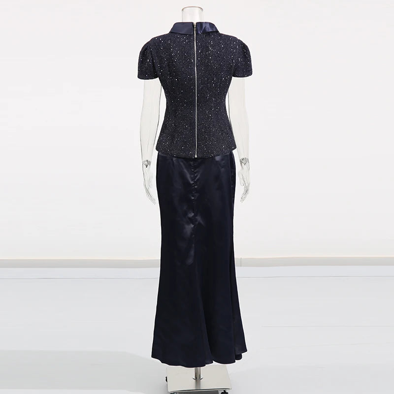 TWOTWINSTYLE Solid Slimming Two Piece Sets for Women Round Neck Short Sleeves Spliced Button Top High Waist Skirt Set Female New