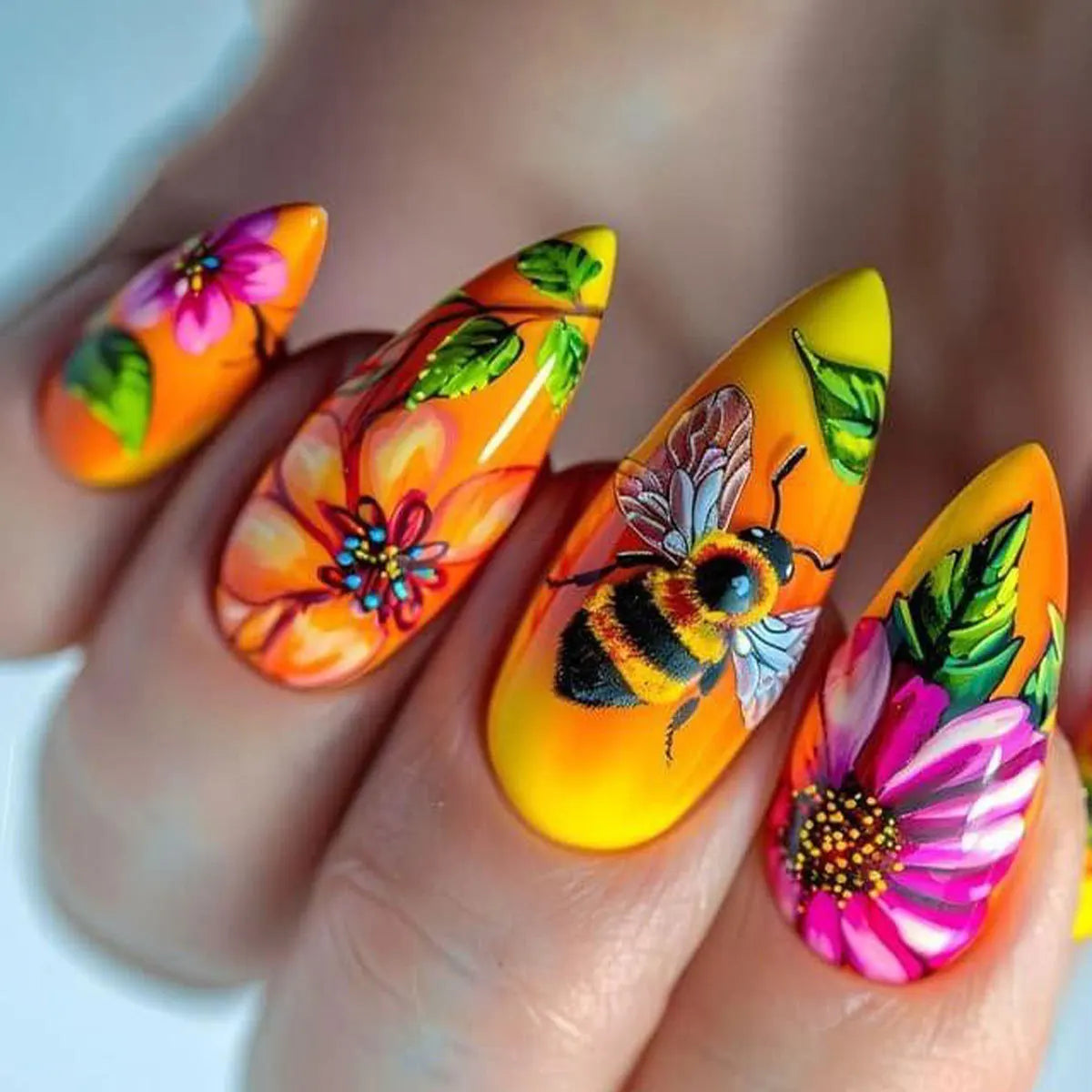 24pcs/set Medium long fake nails Gradient blue ocean fish sun flowers butterfly square ballet summer tips press on false nail