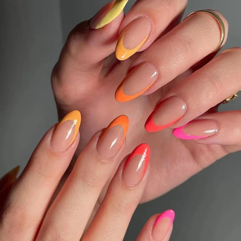 24Pcs Mid-length Almond False Nails Simple Colorful Line with Design Press on Fake Nails Reusable Finished Full Cover Nails Tips