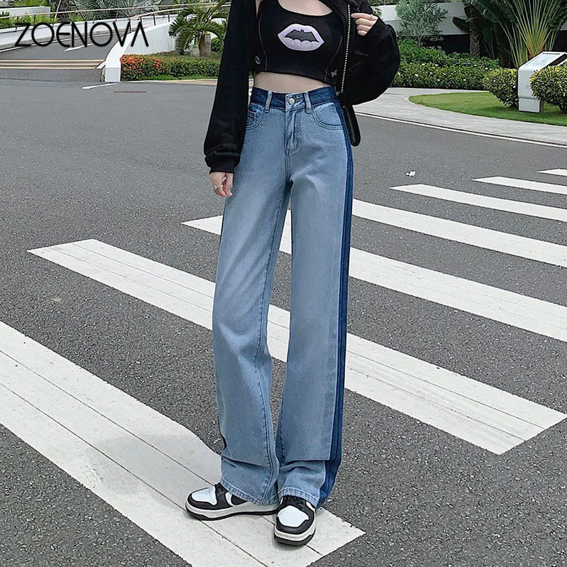 ZOENOVA Loose Women Jeans Spring Straight Wide Leg Pants Trendy Harajuku Streets Y2K High Waist Contrast Stripes Denim Trousers
