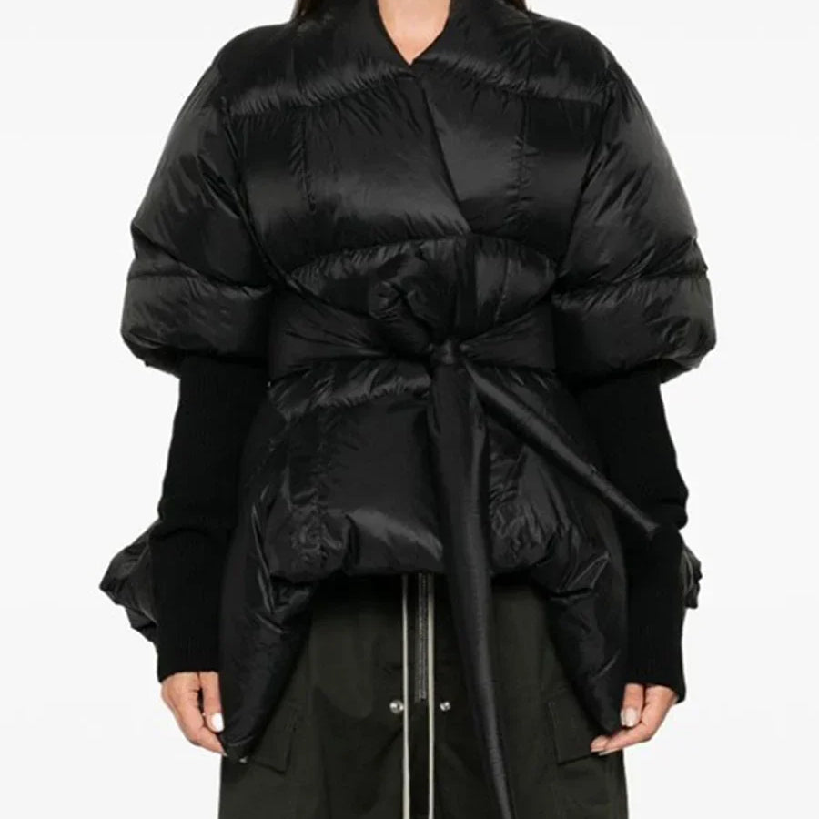 Solid Temperament Spliced Lace Up Coat for Women V Neck Long Sleeves Tunic Warm Cotton Coats Female Clothing New