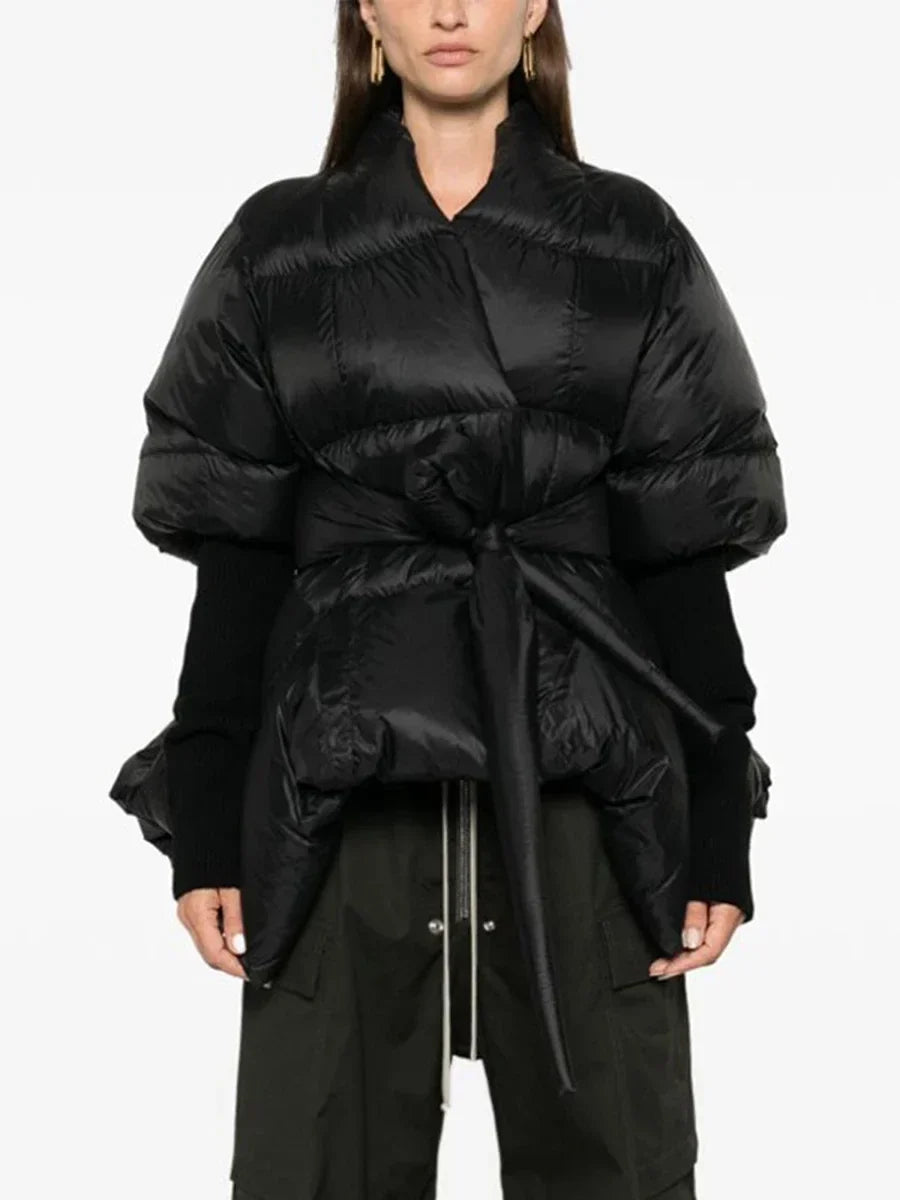 Solid Temperament Spliced Lace Up Coat for Women V Neck Long Sleeves Tunic Warm Cotton Coats Female Clothing New