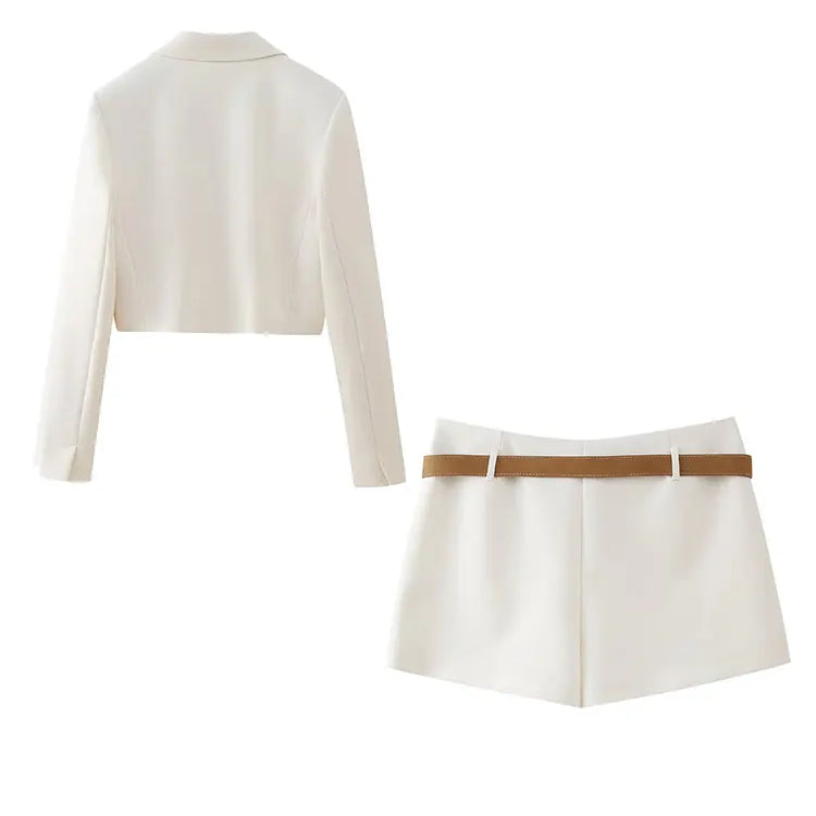 TRAF Spring Women's Solid Beige Blazer Suit Long Sleeves Cropped Blazer+High Waist With Belt A-Line Culottes Elegant Sets