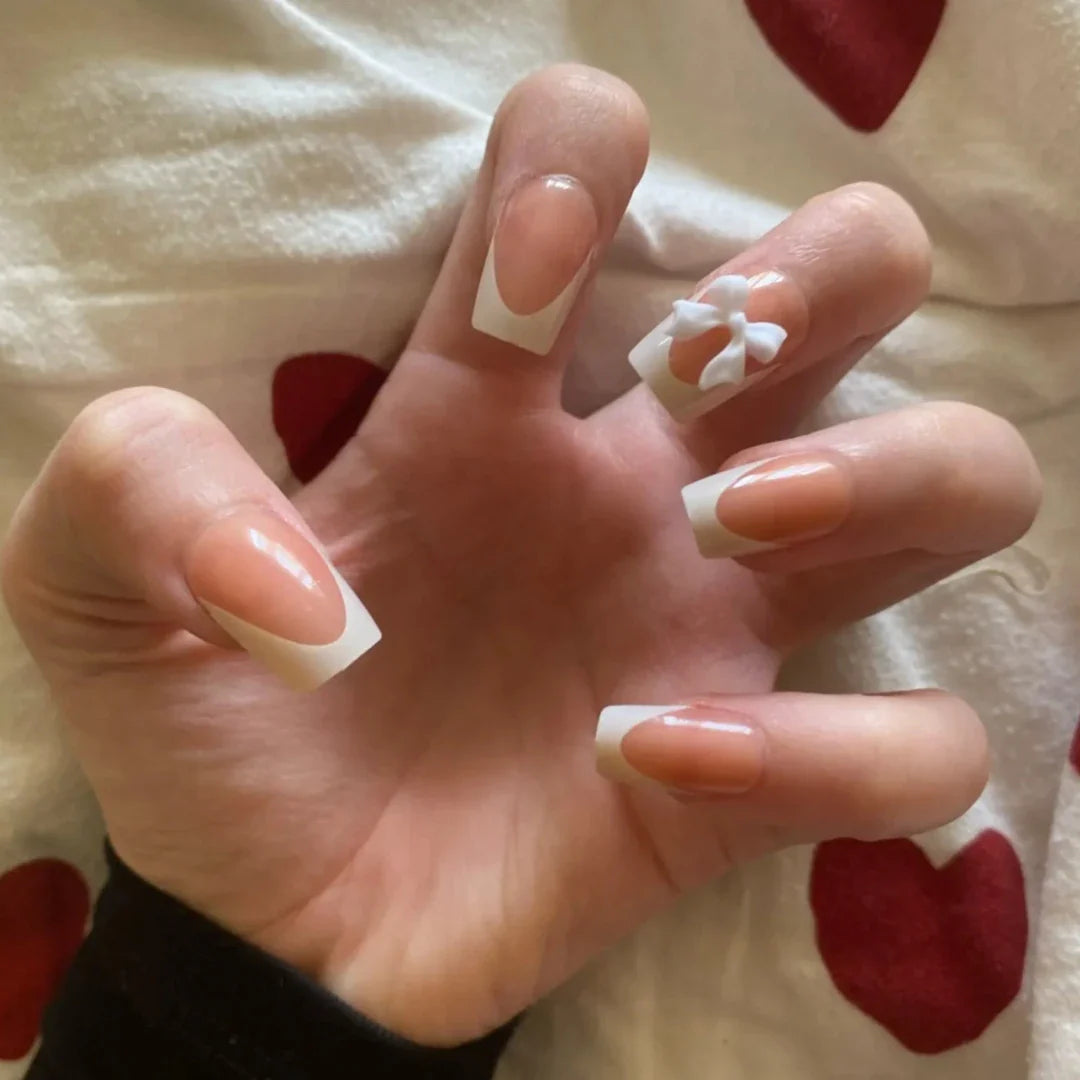 Simple White French Fake Nails 24Pcs Nude Color Press On Nails with 3D Bowknot Designers Women Girls Daily Charm Manicure