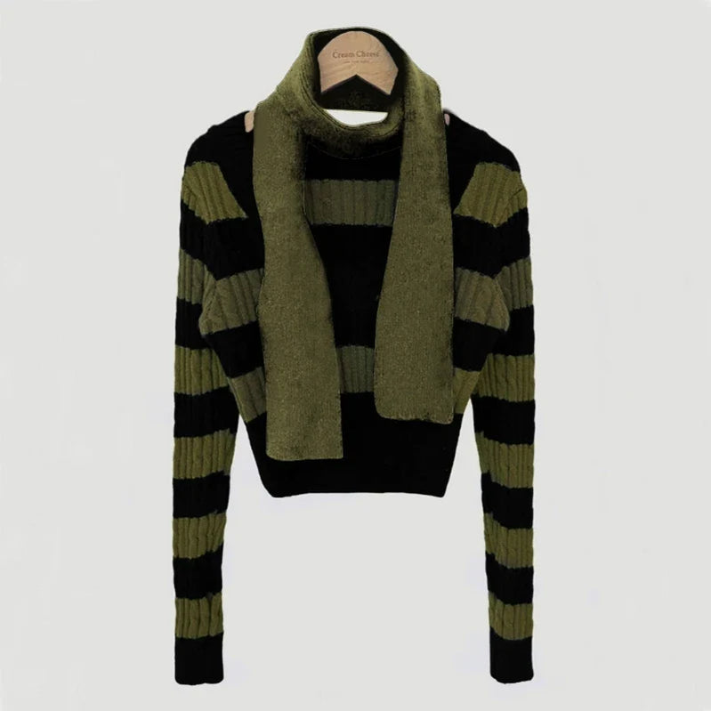 Elegant Scarf Collar and Cable Knit Long Sleeve Striped Skinny Sweater for Women