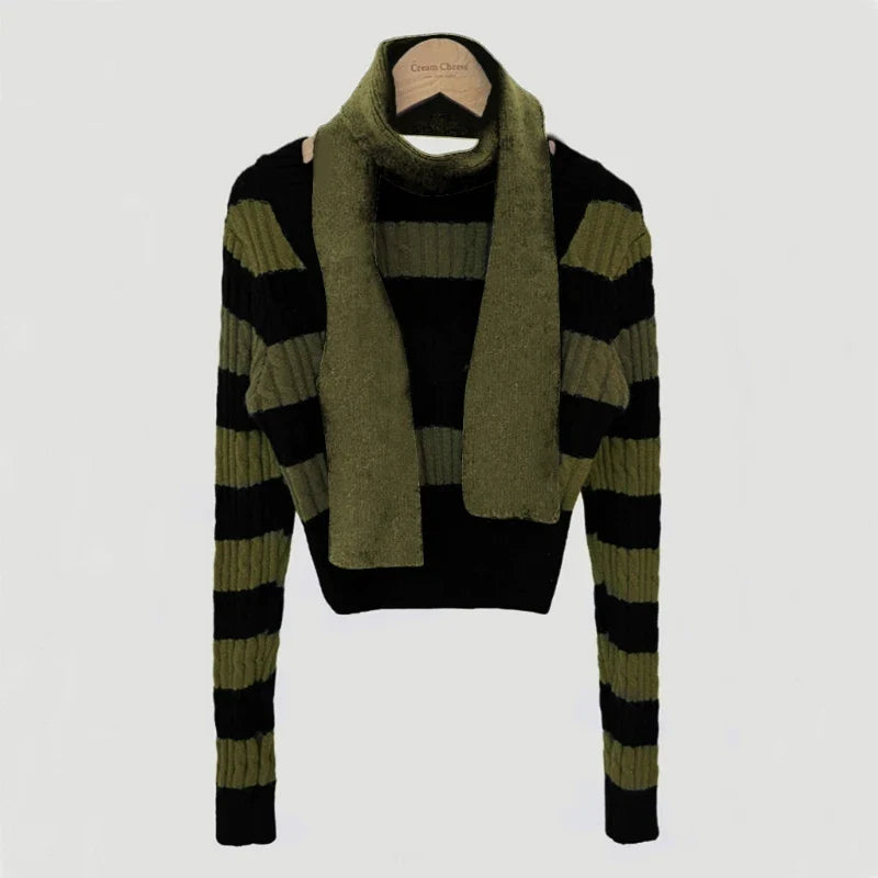 Elegant Scarf Collar and Cable Knit Long Sleeve Striped Skinny Sweater for Women