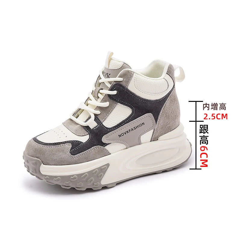 Fujin 8.5cm Cow Genuine Leather Thick Soled Spring Platform Wedge Chunky Sneakers Women Autumn Fashion Hidden Heels Ladies Shoes grey