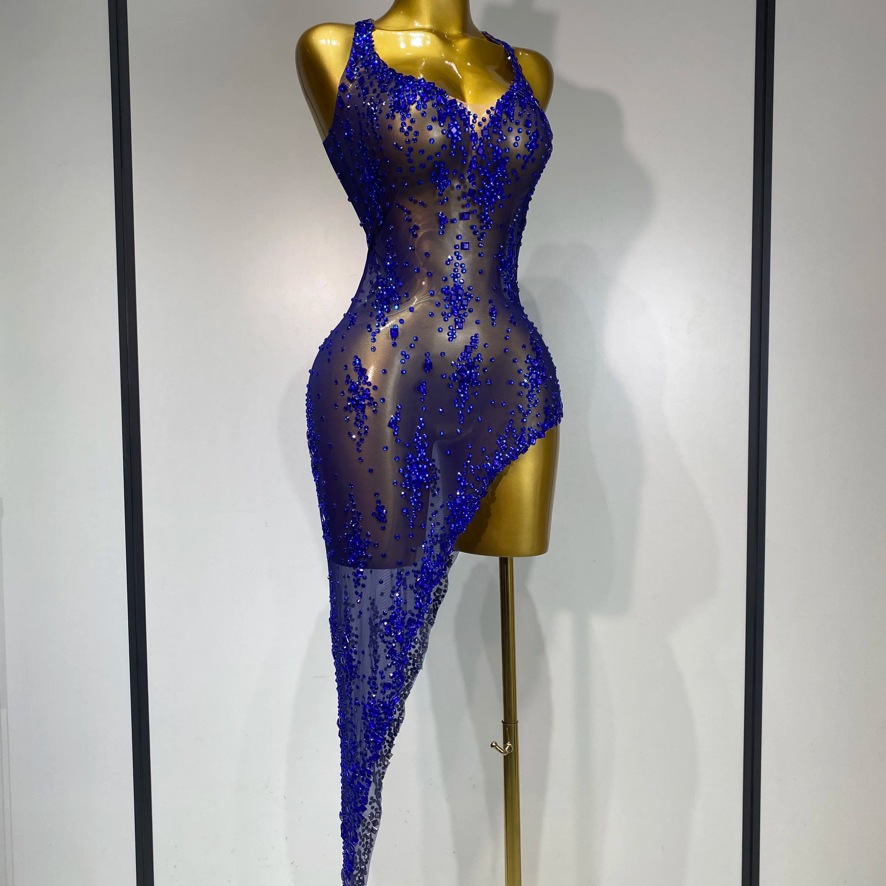 Women Sexy Luxury Birthday Prom Gowns Sparkly Diamond See Through Mesh Stretch Asymmetrical Dress Celebrity Elegant Stage Outfit