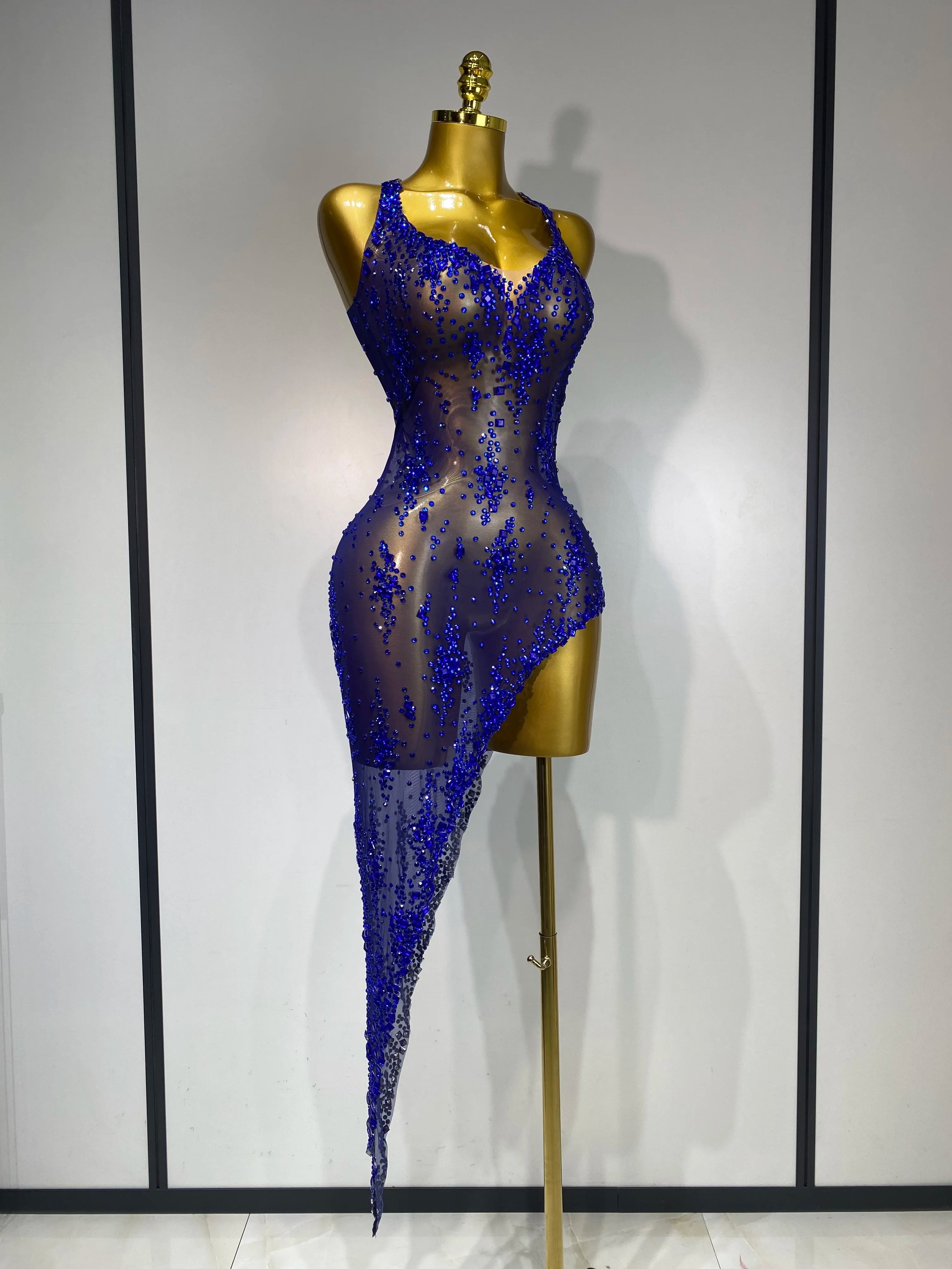 Women Sexy Luxury Birthday Prom Gowns Sparkly Diamond See Through Mesh Stretch Asymmetrical Dress Celebrity Elegant Stage Outfit