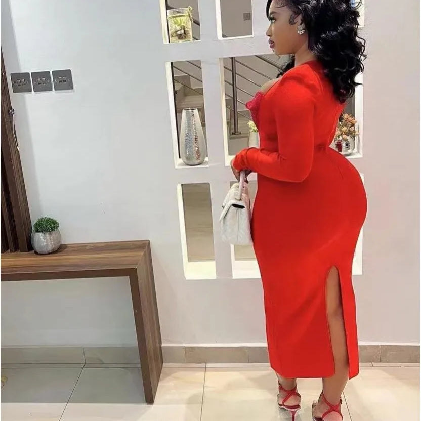 Vestido longo feminino, preto, vermelho, manga longa, sexy, gola quadrada, strass, bandagem justa, boate, festa, comemoração