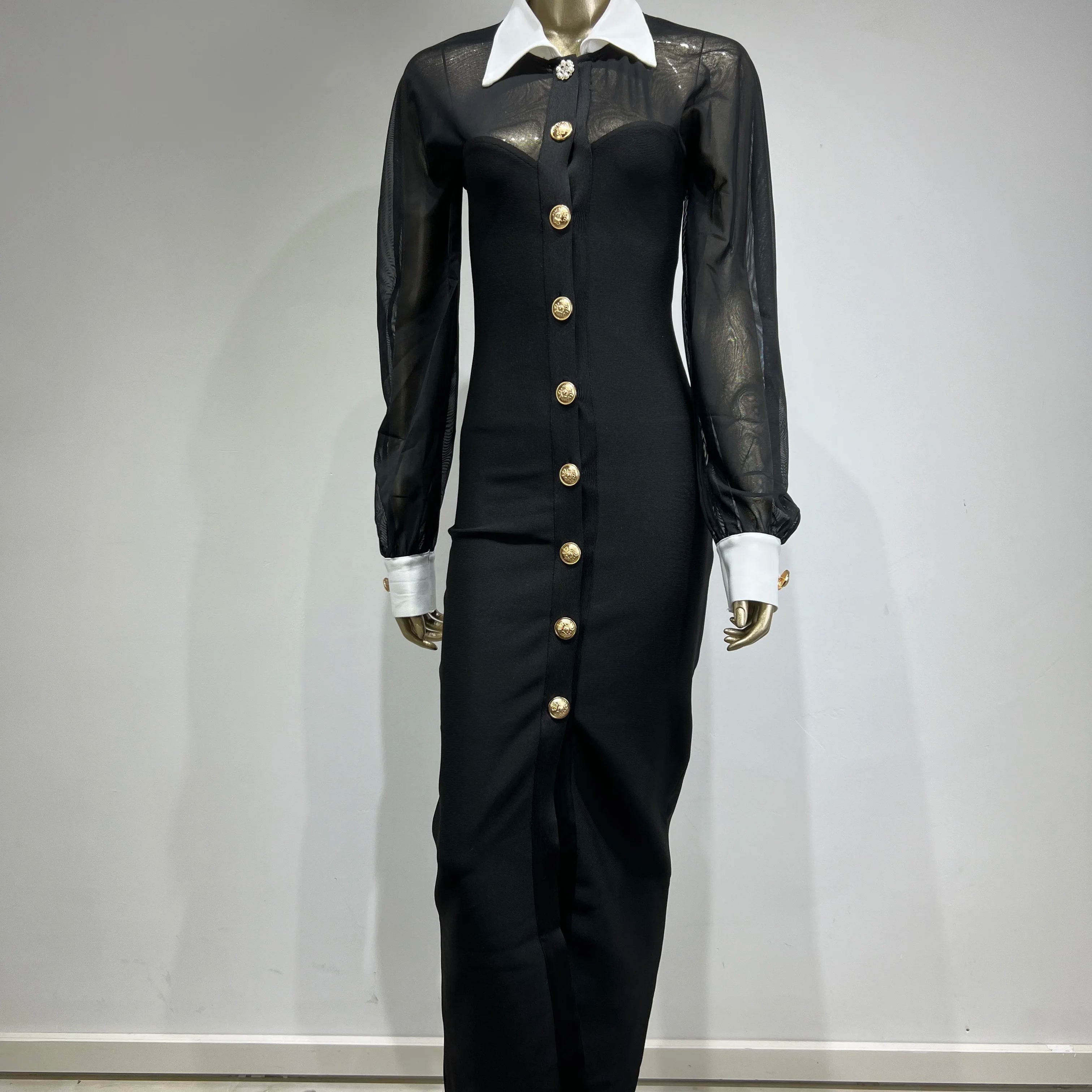 Spring Women Long Sleeve Mesh Button Bodycon Long Bandage Dress Fashion Runway Celebrate Evening Party Dress