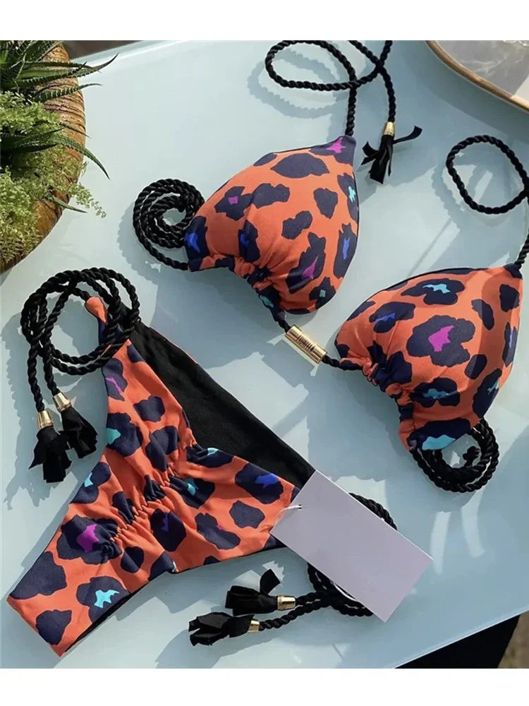 Sexy Swimsuit Women Triangle Bikinis Set Thong Bandage Swimsuits Solid Color Bath Suit Two Piece String Swimear Beach Wear 8252