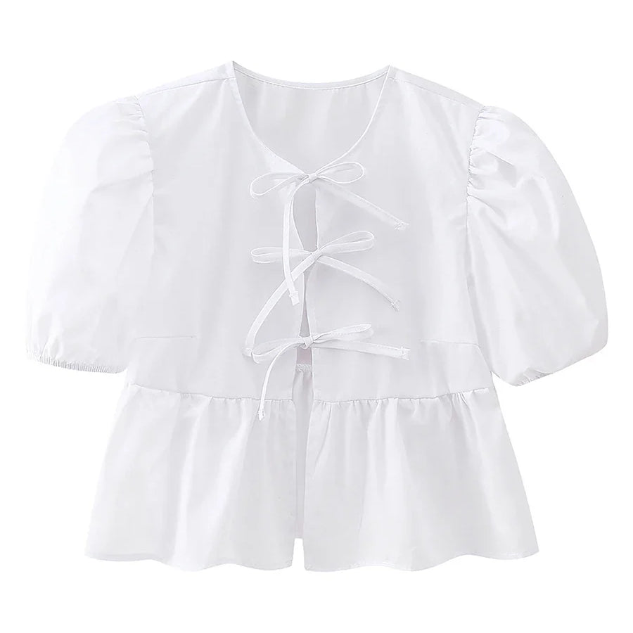 wsevypo Chic Summer Babydoll Shirts Solid/Stripe Short Women's Puff Sleeve Round Neck Tie-Up Front Peplum Blouses Top for Street A