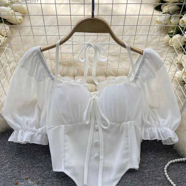 Flare Sleeve Women Tops Ruffle Solid Elastic Waist Halter Backless Chiffon Slim Ladies Harajuku Sexy Short Blouse short white One Size