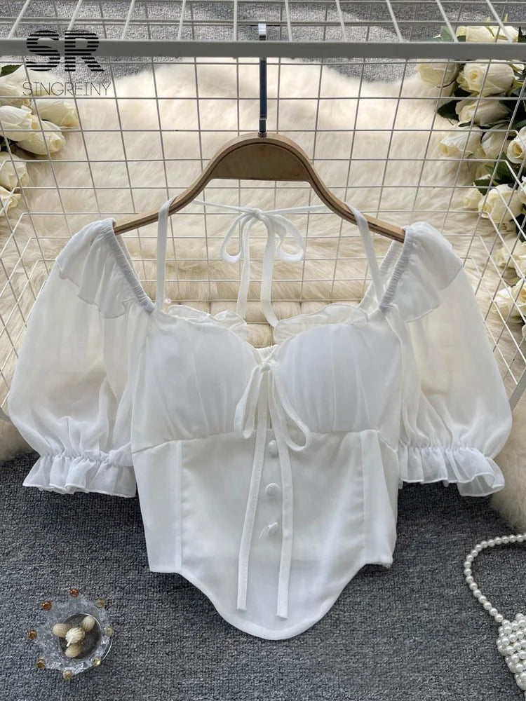 Flare Sleeve Women Tops Ruffle Solid Elastic Waist Halter Backless Chiffon Slim Ladies Harajuku Sexy Short Blouse short white One Size