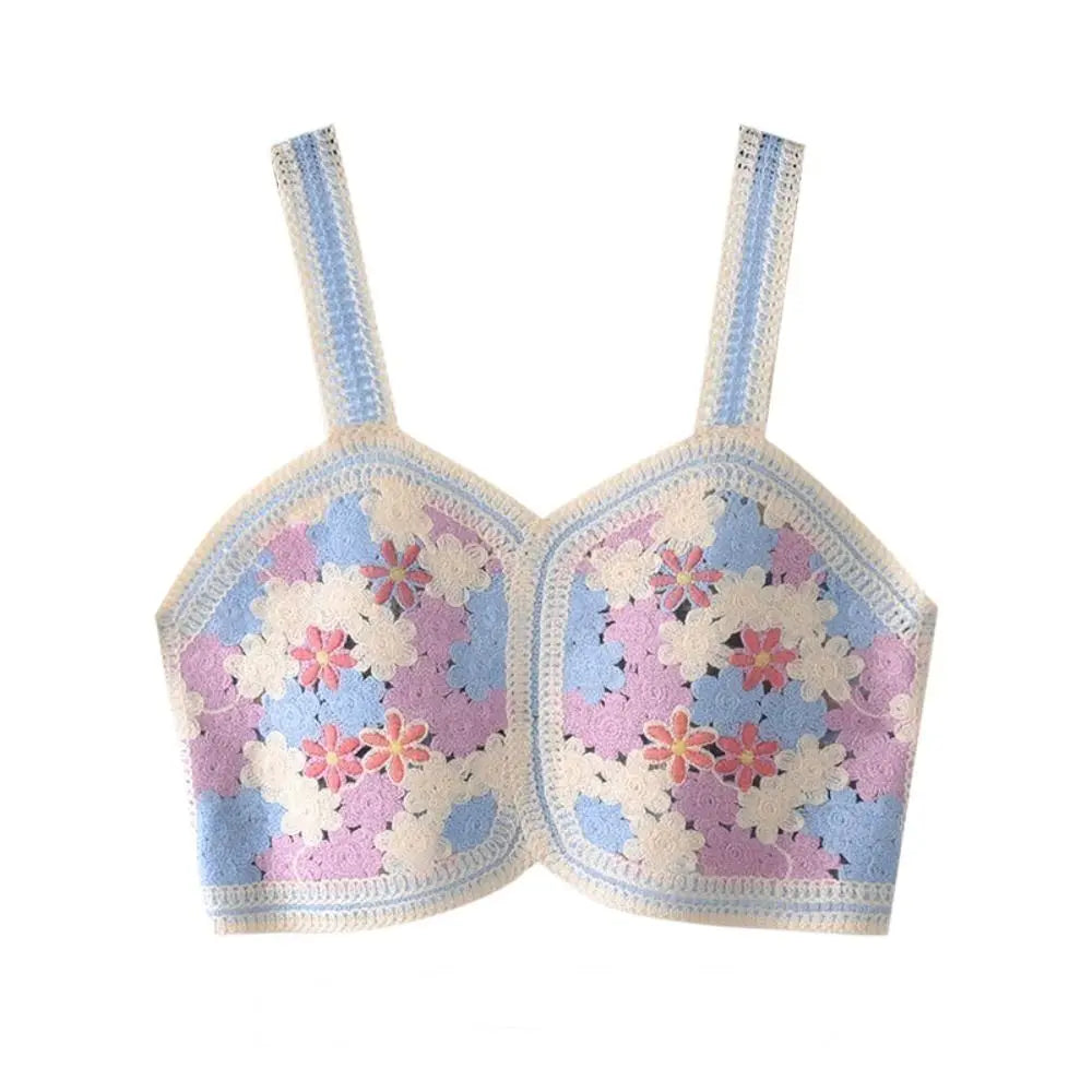 Stylish Sweet Crochet Summer Bohemia Tank Tops Hollow Out Crop Tops Korean Sleeveless Garment Women Cotton Camisole blue