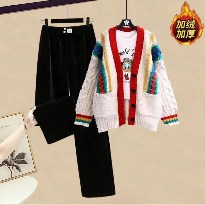 Korean Style Fashion Knitted Sweater Jacket Plush Thickened Wide Leg Pants Two Piece Elegant Women's Pants Set Winter Outfits 2pcs set 04